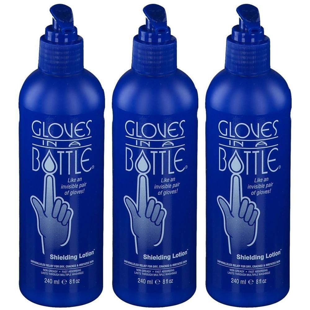 Trois bouteilles bleues de lotion protectrice, étiquette "Gloves In A Bottle", 240 ml.