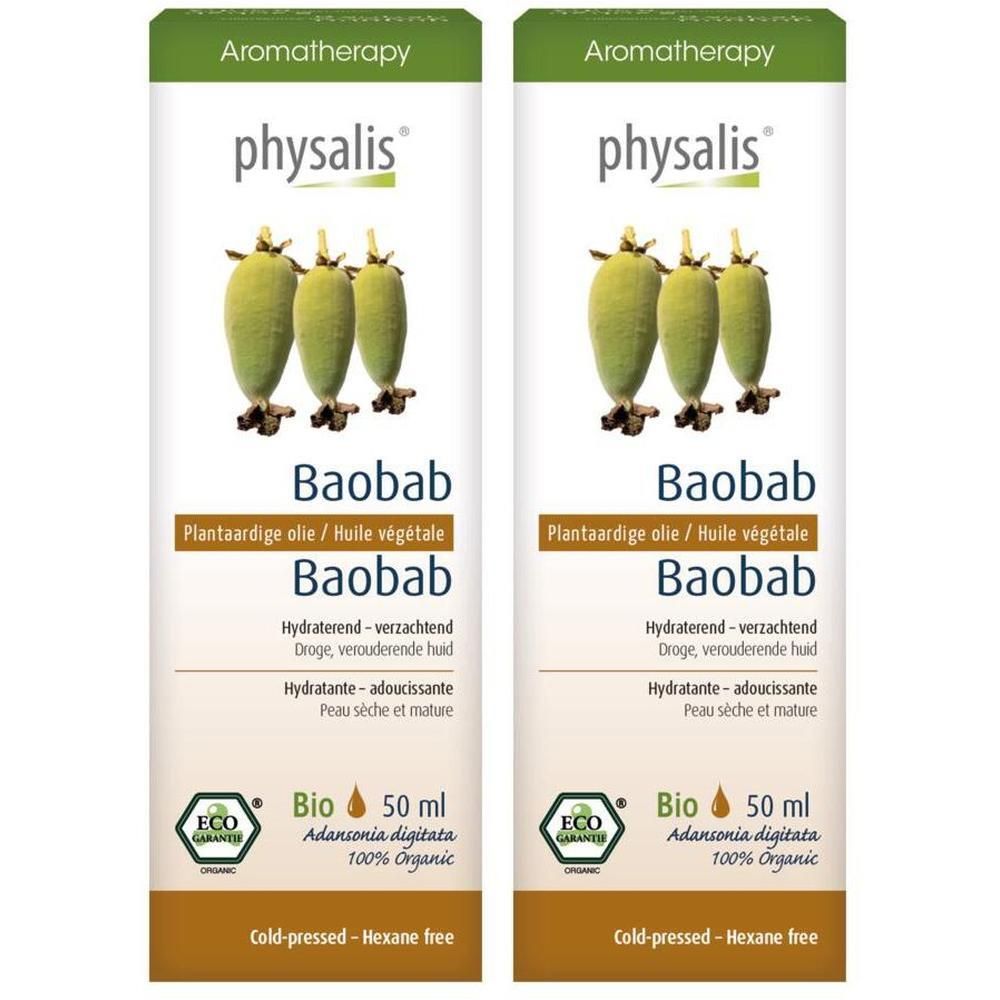 Twee flessen Physalis Biologische Baobab plantaardige olie. Met afbeelding van baobabvruchten en Bio-keurmerk.