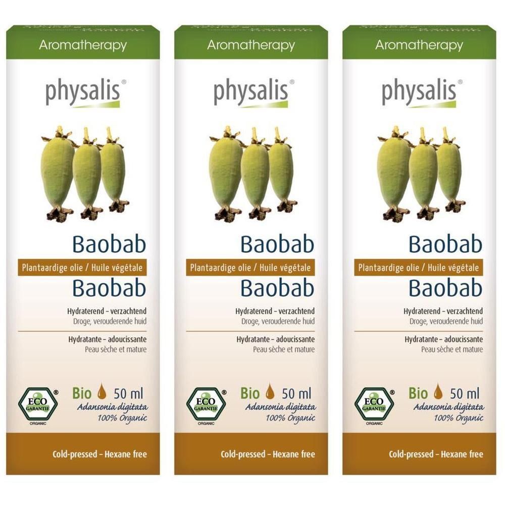 Physalis Baobab Plantaardige Olie Bio: drie flessen met baobabvruchten en certificeringen. 50 ml.