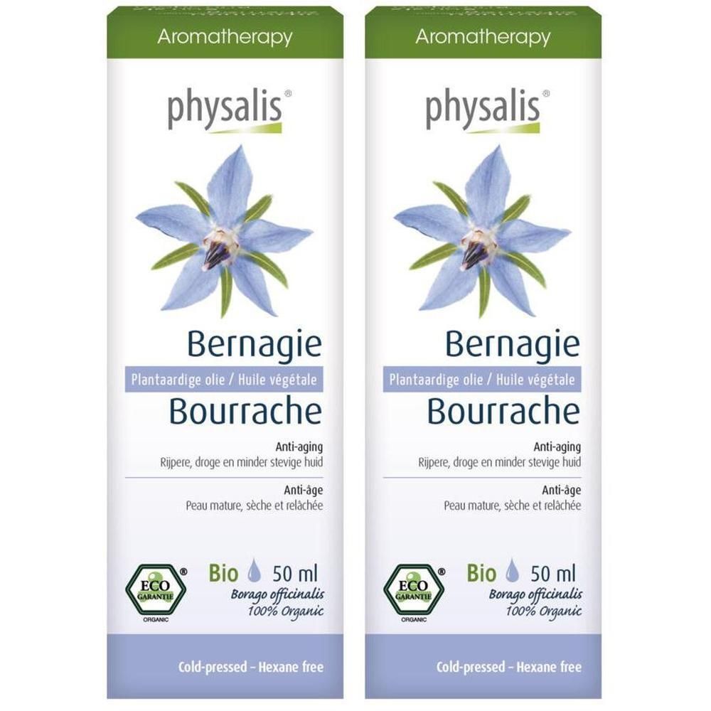 Deux flacons d'huile végétale Bio de Bourrache Physalis, 50 ml. Avec fleur et label Bio.