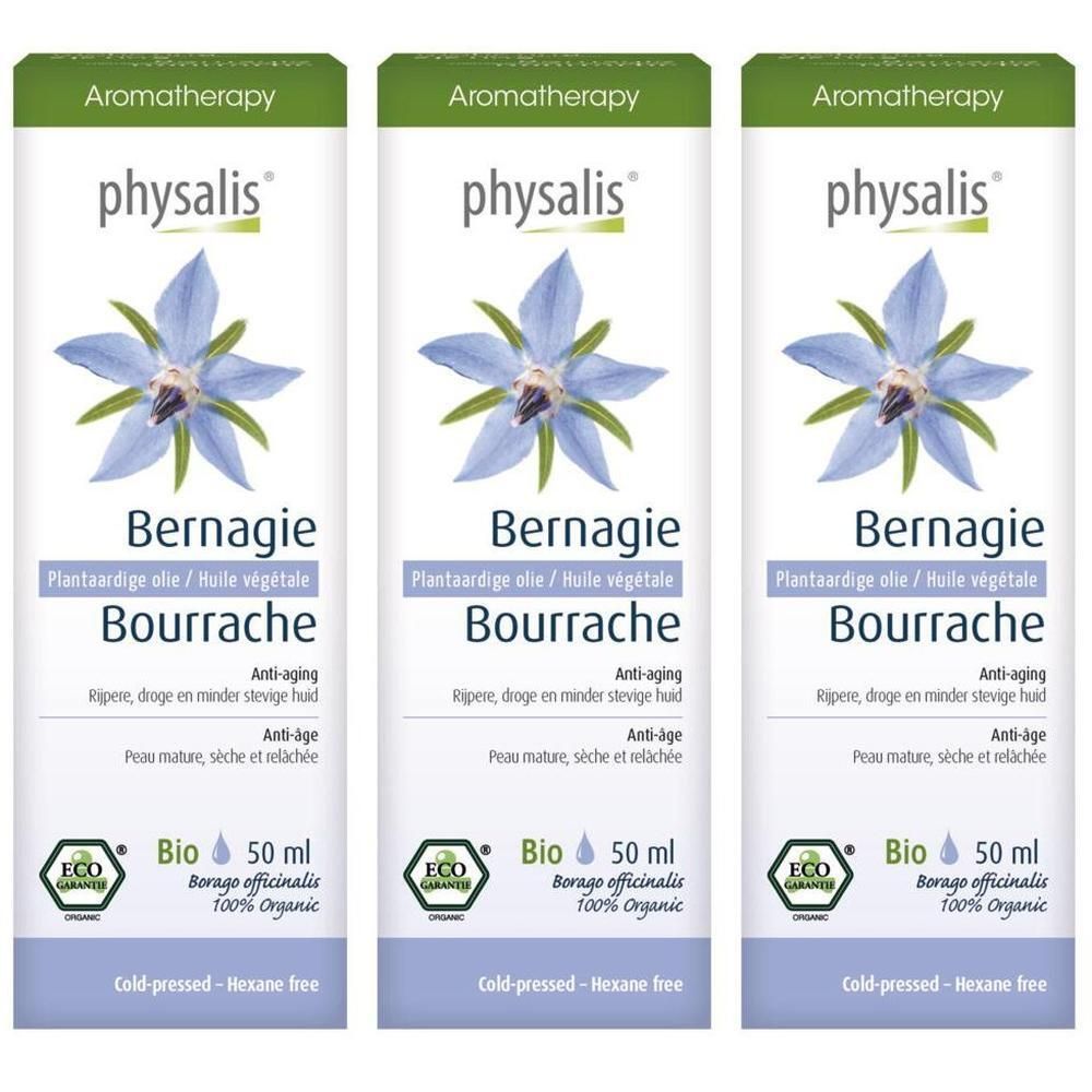 Trois flacons d'huile végétale bio de Bourrache Physalis, 50 ml. Motif de fleur de bourrache bleue et label bio.