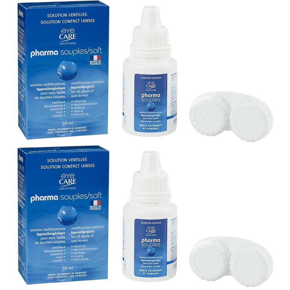 Twee verpakkingen Eye Care Pharma Souples/soft lenzenvloeistof (50ml) en twee lenshouders.