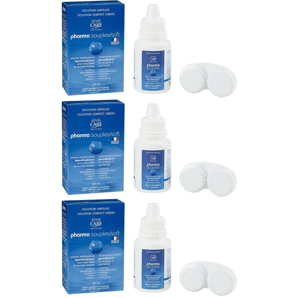 Drie pakken Eye Care Pharma Souples Solution lenzenvloeistof met elk een lenzenbakje.