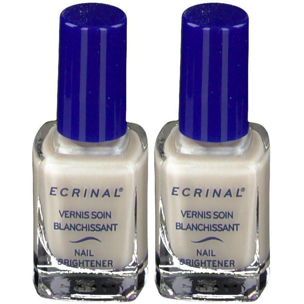 Twee flesjes Ecrinal nagelverfrisser met blauwe doppen.