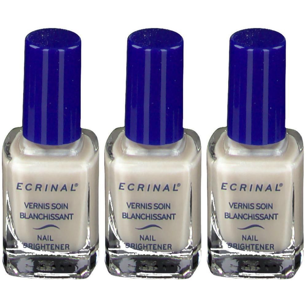 Drie flesjes Ecrinal nagellak whitening met blauwe dopjes.