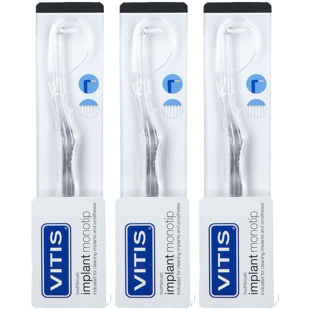 Drie Vitis Monotip tandenborstels voor implantaten en protheses, individueel verpakt.