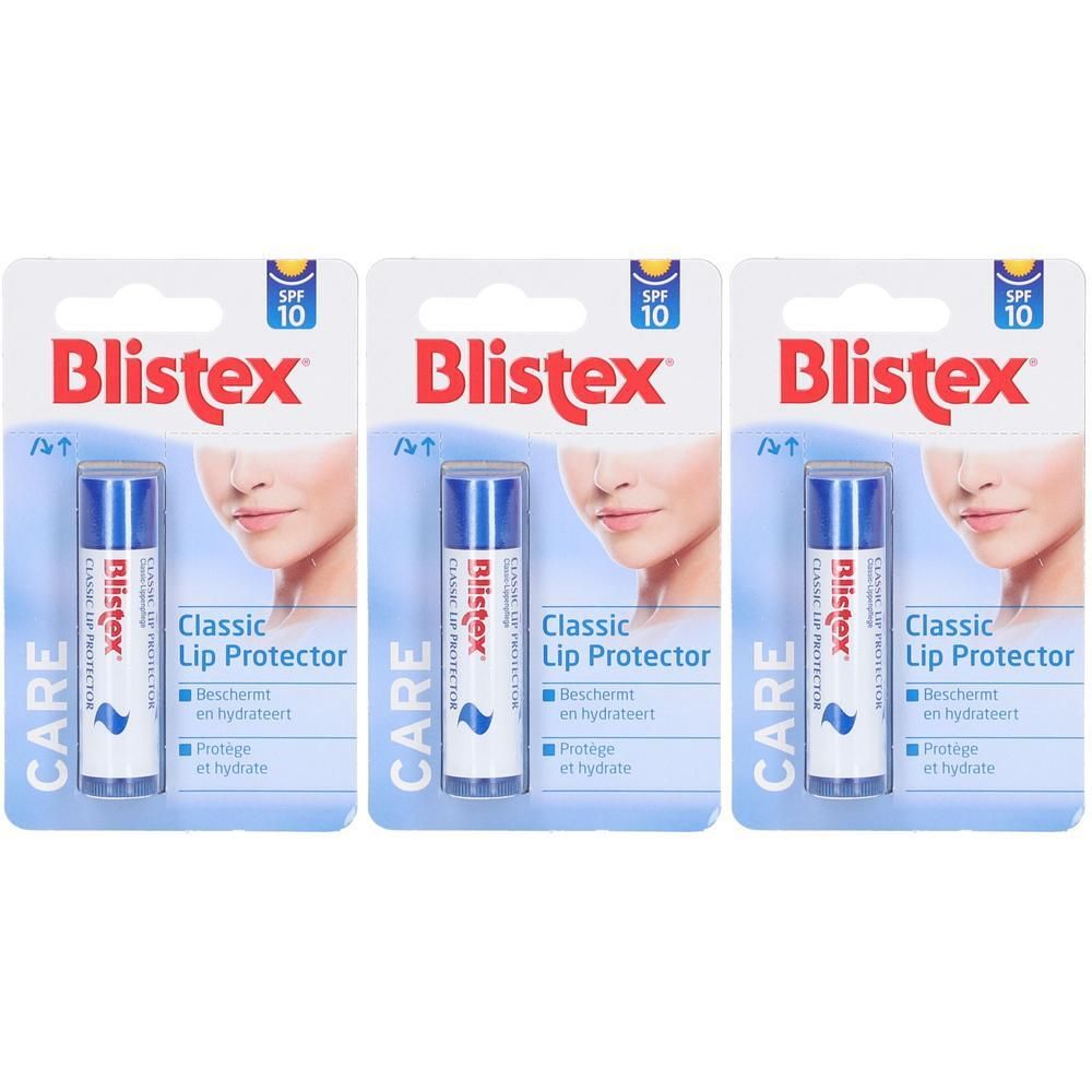 Trois baumes à lèvres Blistex Classic avec FPS 10, présentés en emballages individuels.