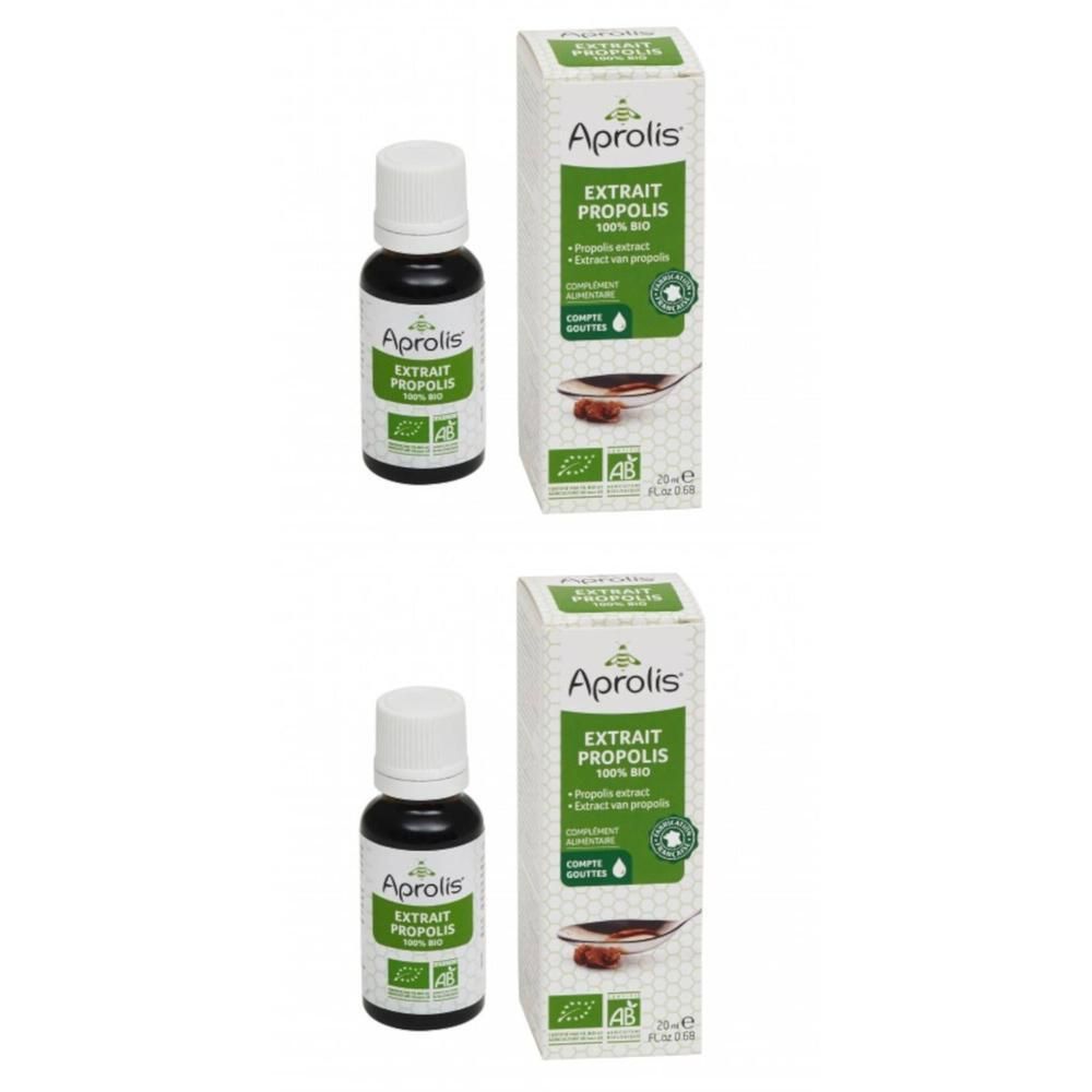 Twee flesjes en doosjes Aprolis Propolis Extract 100% bio.