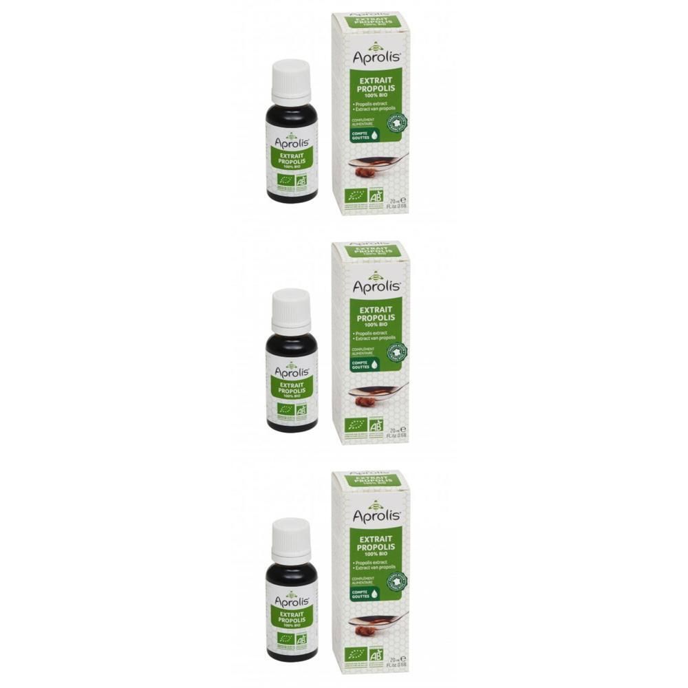 Drie druppelflaconnetjes en hun doos, Aprolis Propolis Extract.