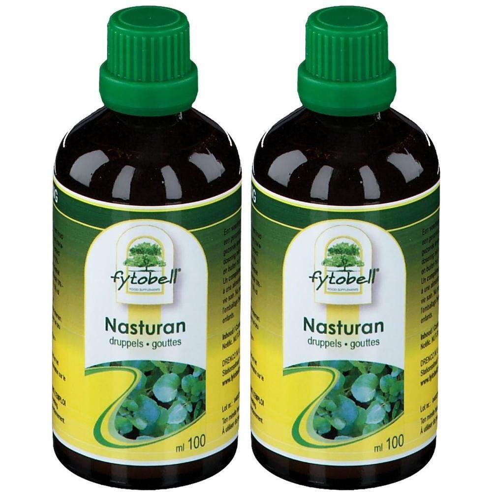 Deux flacons de Fytobell Nasturan gouttes, 100 ml chacun.