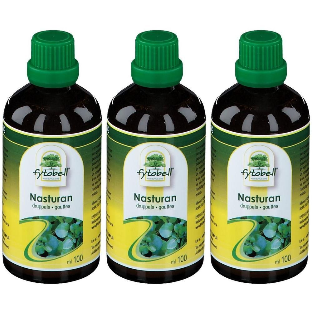 Trois flacons de gouttes Fytobell Nasturan de 100 ml chacun, avec bouchons verts.