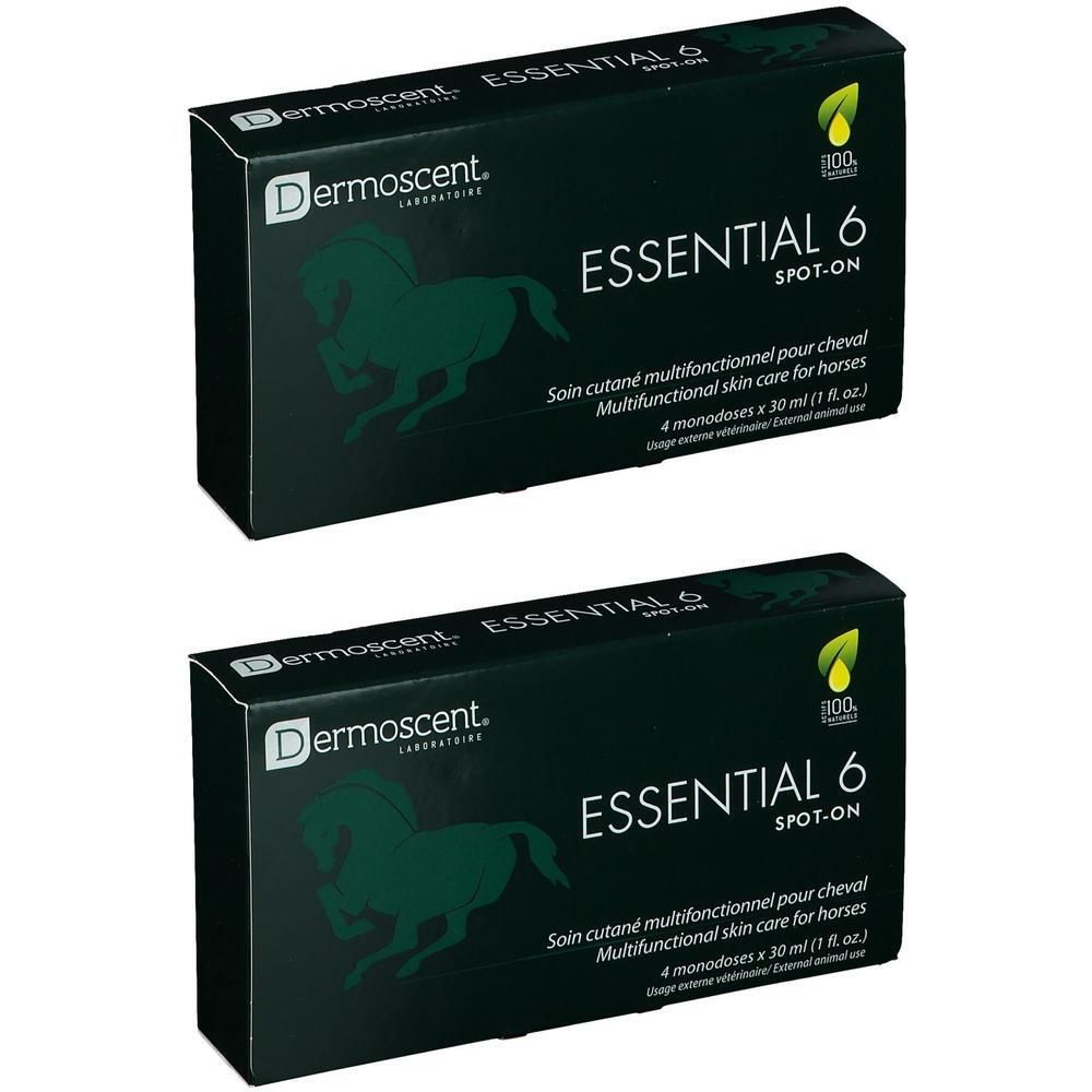 Deux boîtes Dermoscent Essential 6 Spot-On pour chevaux. Emballage vert foncé avec silhouette de cheval.