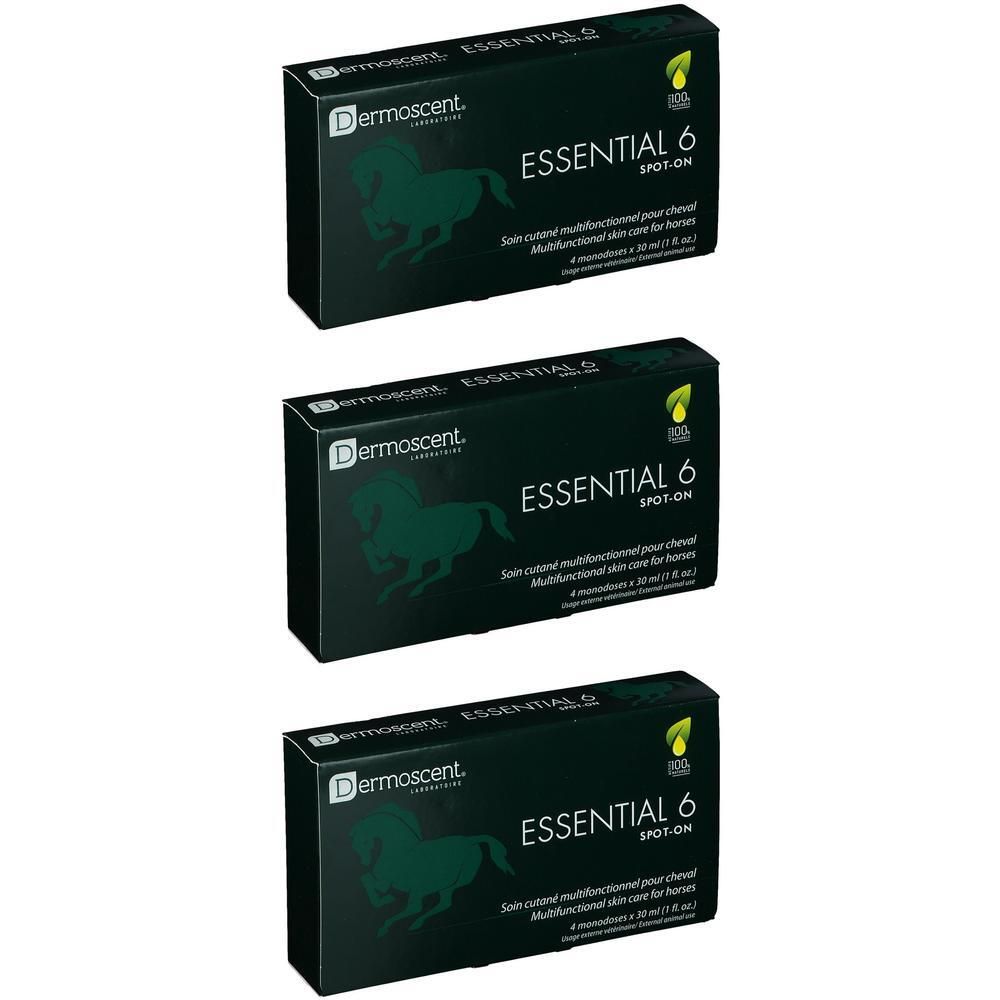 Drie doosjes Dermoscent Essential 6 Spot-On voor paarden. Donkergroene verpakking met paardenafbeelding.