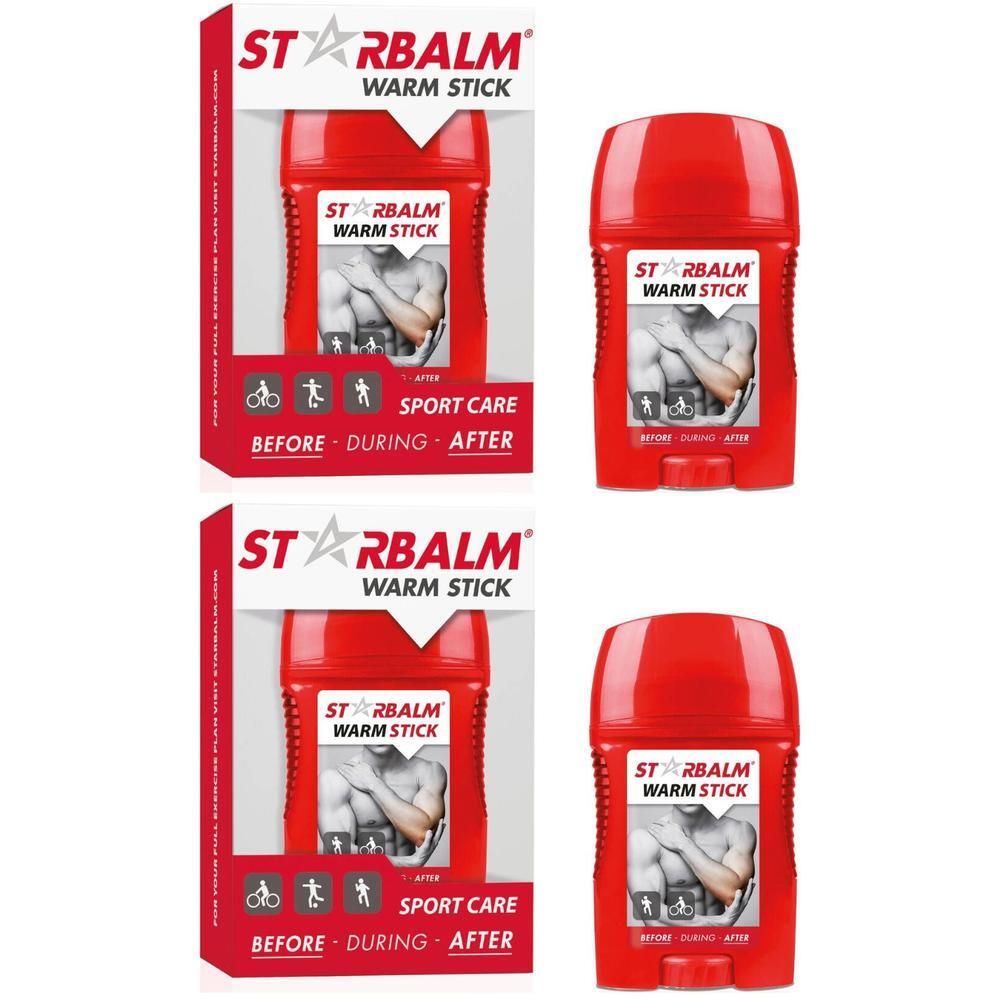 Deux emballages rouges STARBALM Warm Stick et deux sticks. Soin du sport pour avant, pendant et après.