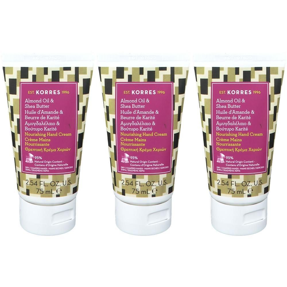 Drie tubes Korres handcrème met amandelolie en sheaboter, 75 ml.