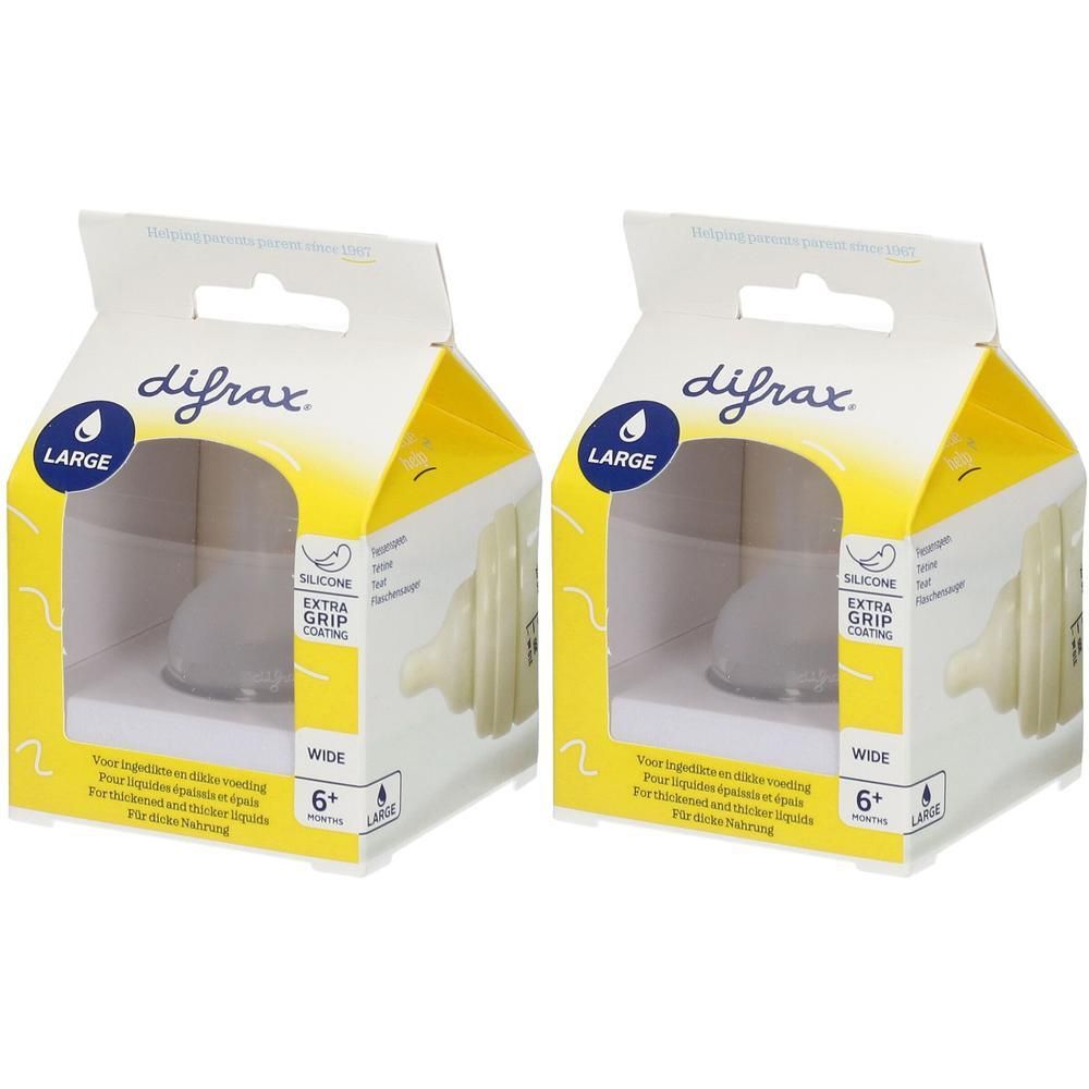 Twee Difrax "Large" siliconen speentjes in verpakking. Voor baby's vanaf 6 maanden.