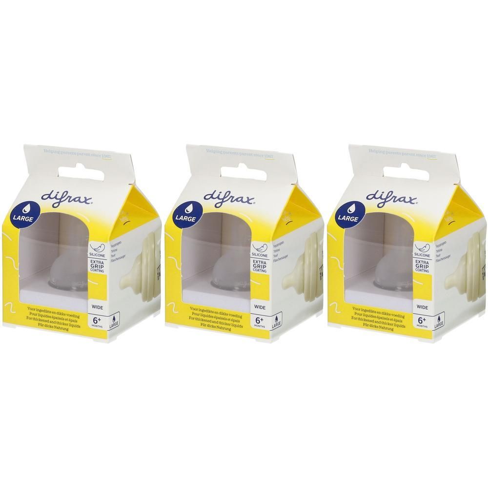 Drie pakken Difrax spenen, Maat Large, met "Extra Grip" functie.