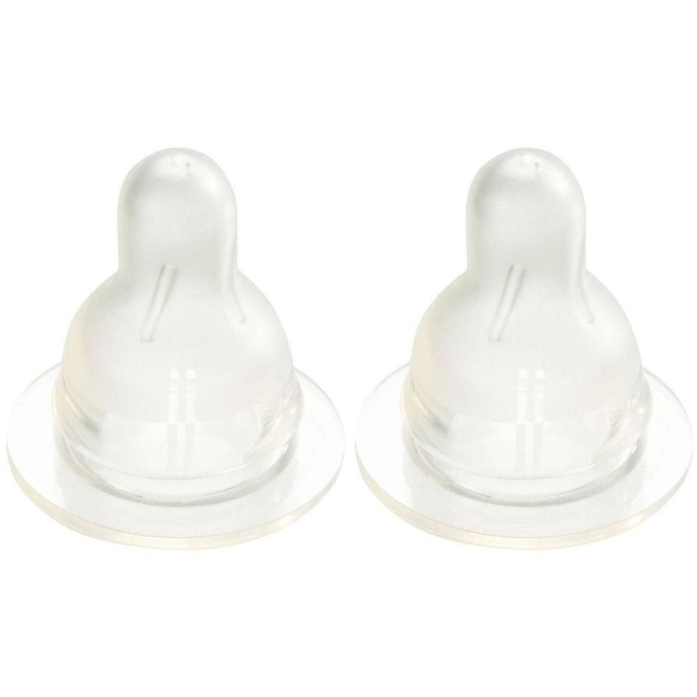 Deux tétines transparentes en silicone avec une large collerette.