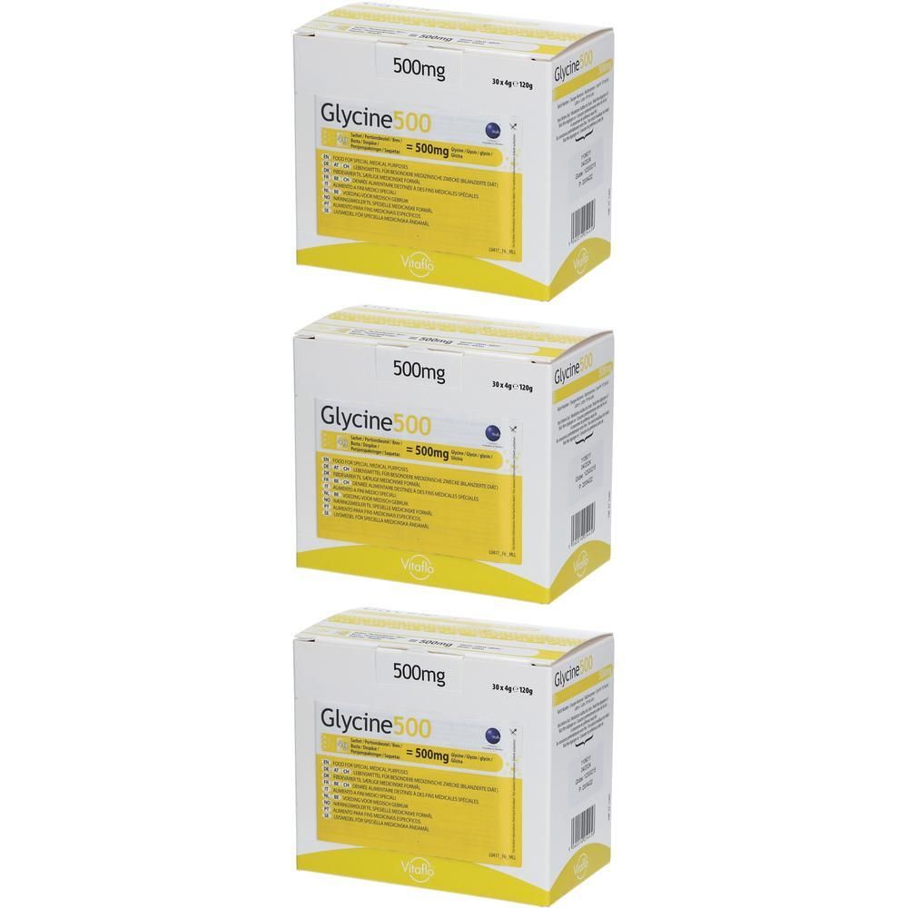 Trois boîtes de Vitaflo Glycine 500mg, poudre.
