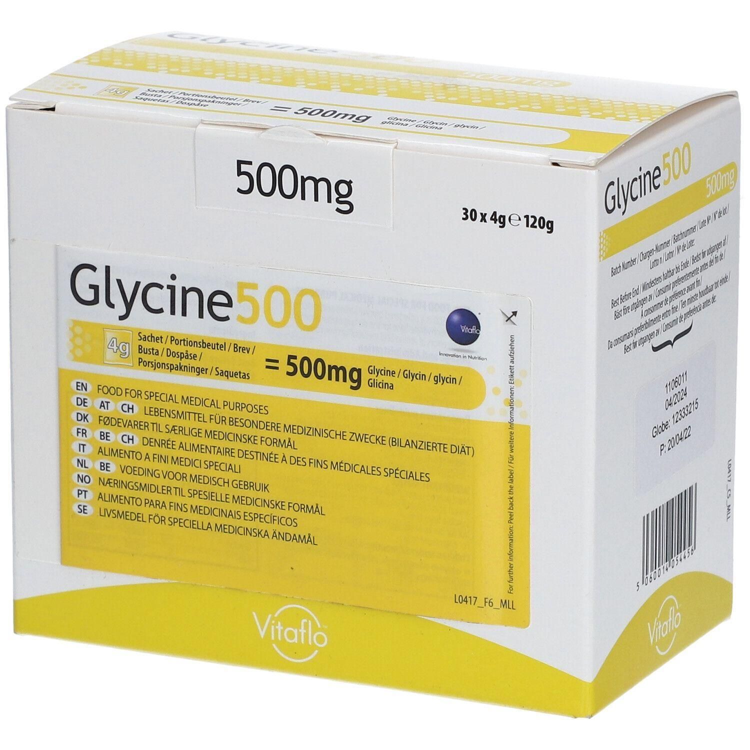 Vitaflo Glycine 500: Doos met 30 zakjes van 4g, totaal 120g. Voor voeding voor medisch gebruik.