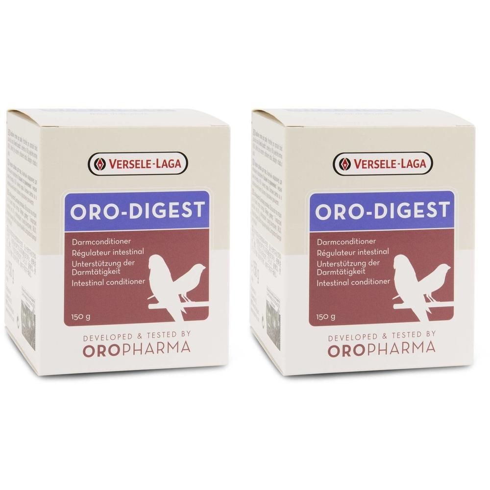 Deux boîtes Oro-Digest, 150 g. Régulateur intestinal avec motif d'oiseau.