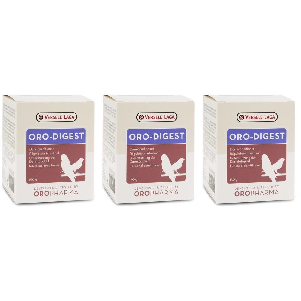 Drie dozen Oro-Digest, 150g. Voorkant met vogelmotief en tekst.