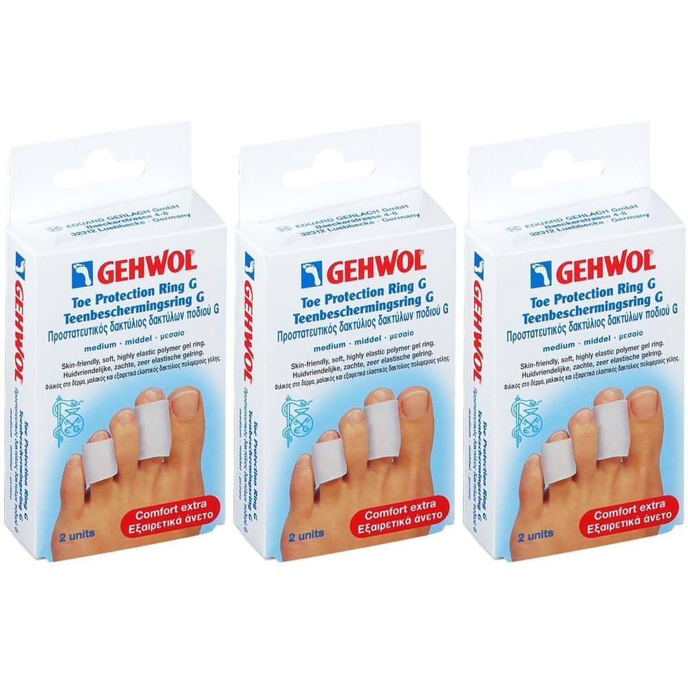 Trois paquets de Bague de Protection Orteils G GEHWOL, taille moyenne, en gel polymère souple.