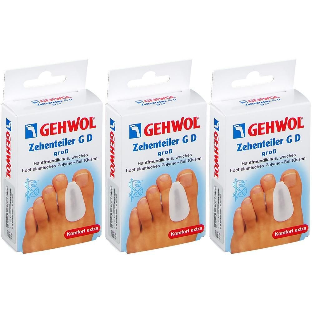 Drie pakken GEHWOL Teenverdeler GD groot van huidvriendelijke polymeer-gel.