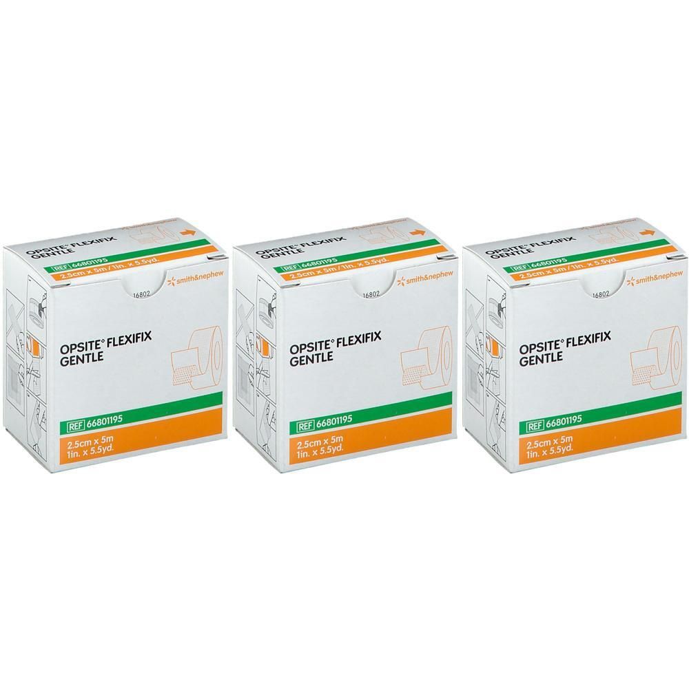 Drie dozen Opsite Flexifix Gentle kleefband, 2,5 cm x 5 m.