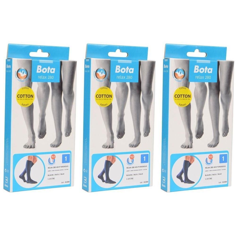 Drie verpakkingen Bota Relax 280 compressiekousen van katoen, blauw, maat 1.