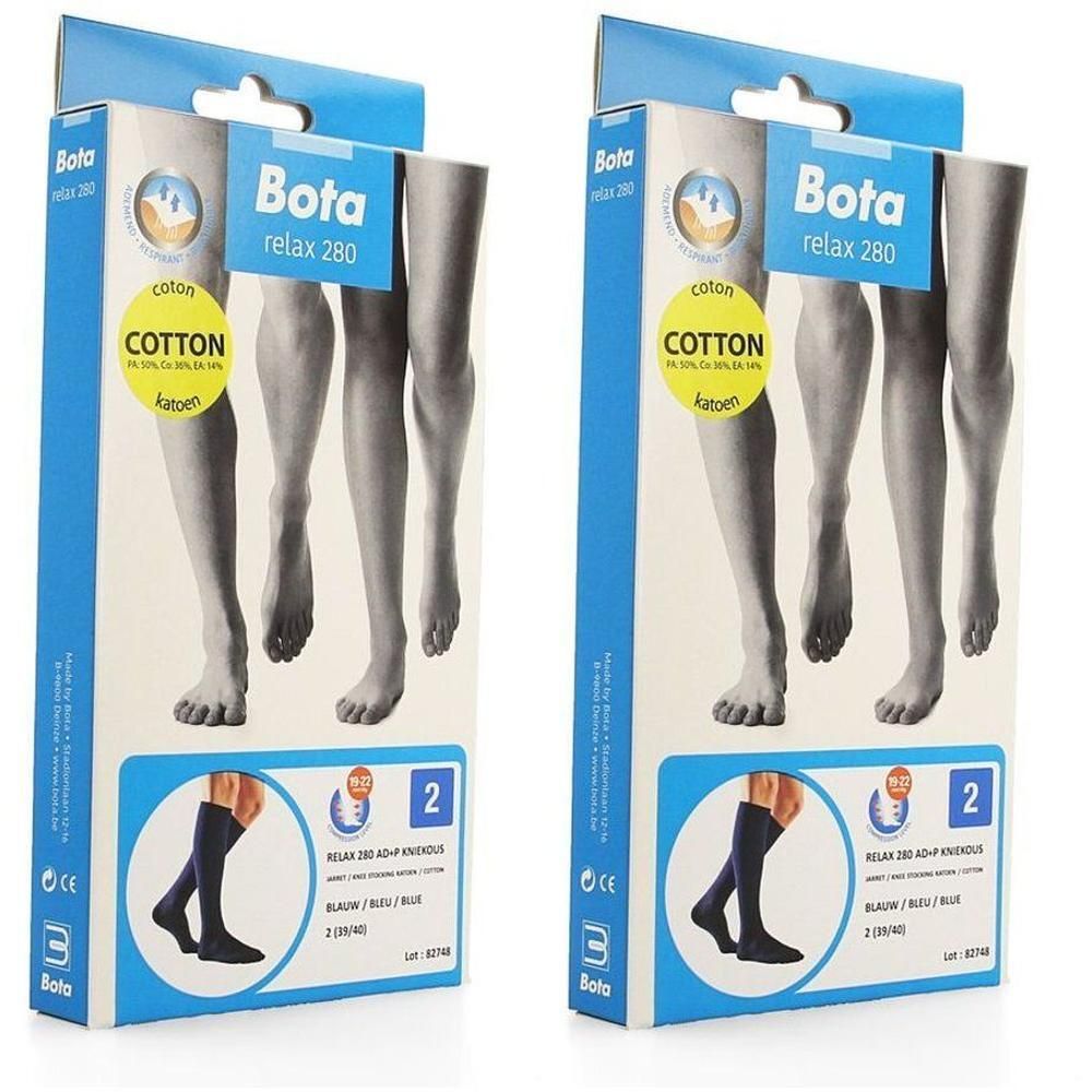 Deux paquets de chaussettes de compression Bota Relax 280, bleues, taille 2, en coton.