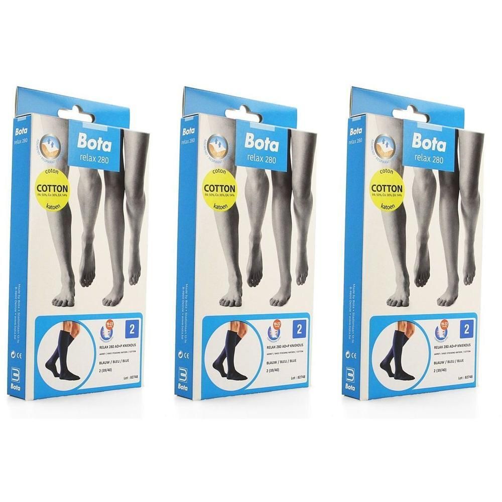 Drie pakken Bota Relax 280 compressiekousen, blauw, maat 2, van katoen.