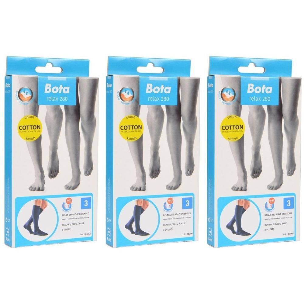 Drie pakken Bota Relax 280 compressiekousen, blauw, katoen.