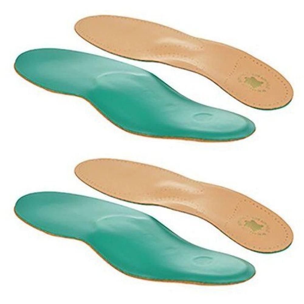 Twee orthopedische inlegzolen, leer en Poron, met turquoise vulling.