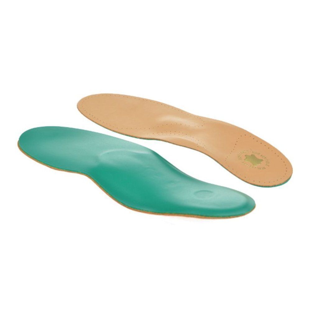 Twee orthopedische inlegzolen, leer en Poron, met turquoise vulling.