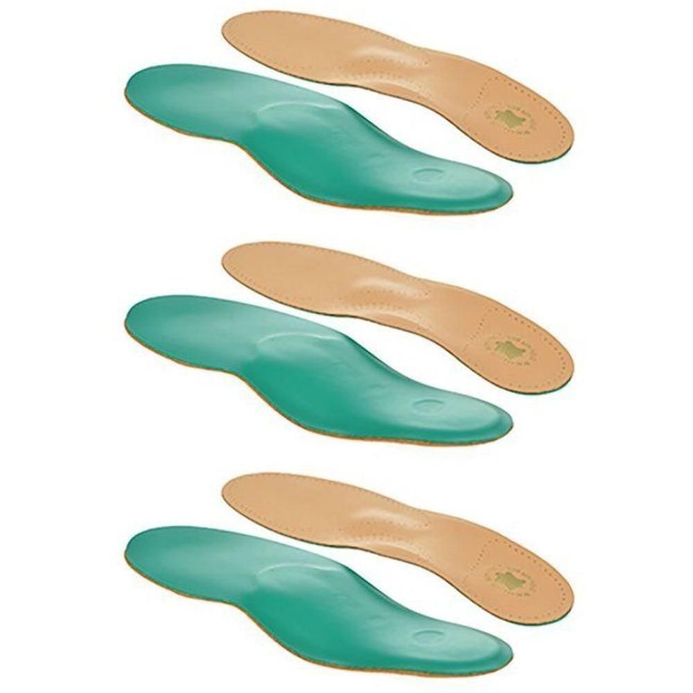 Trois paires de semelles orthopédiques en cuir et Poron, turquoise et beige.