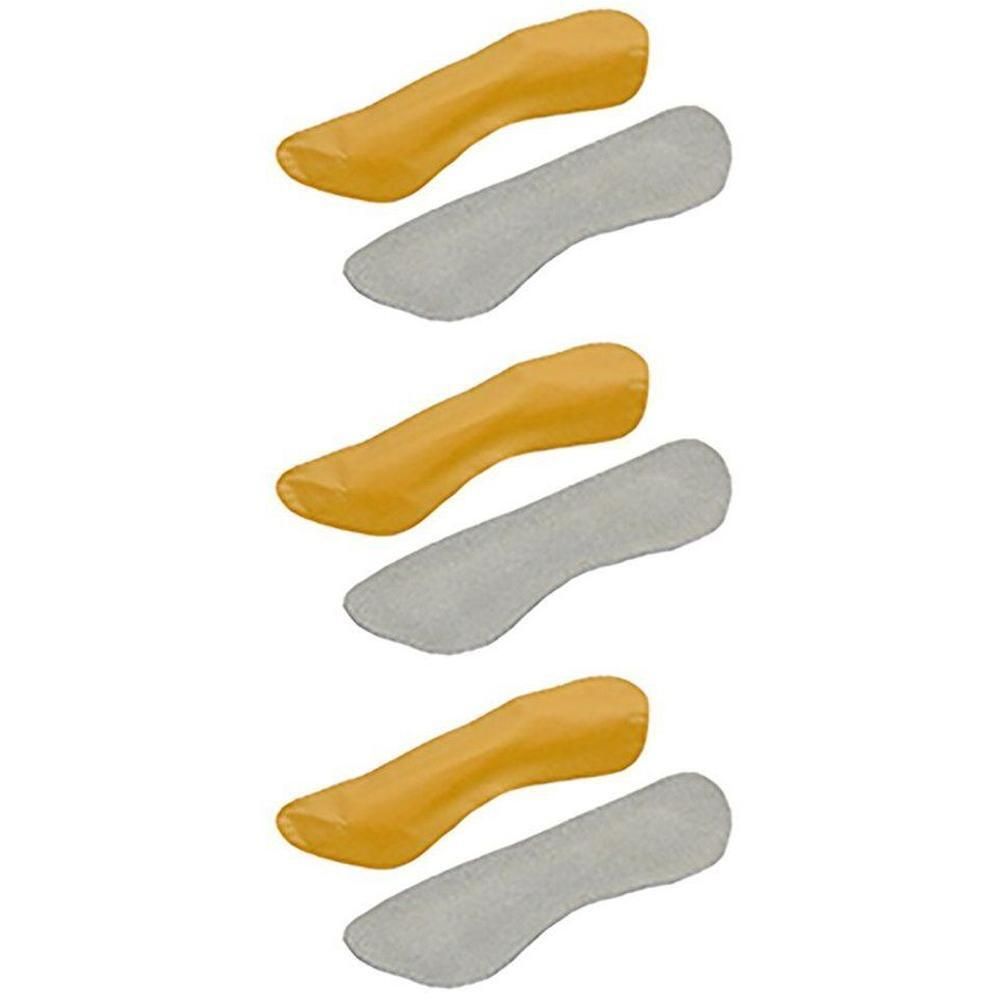 Trois paires de talonnettes grises et jaunes, empilées les unes sur les autres.