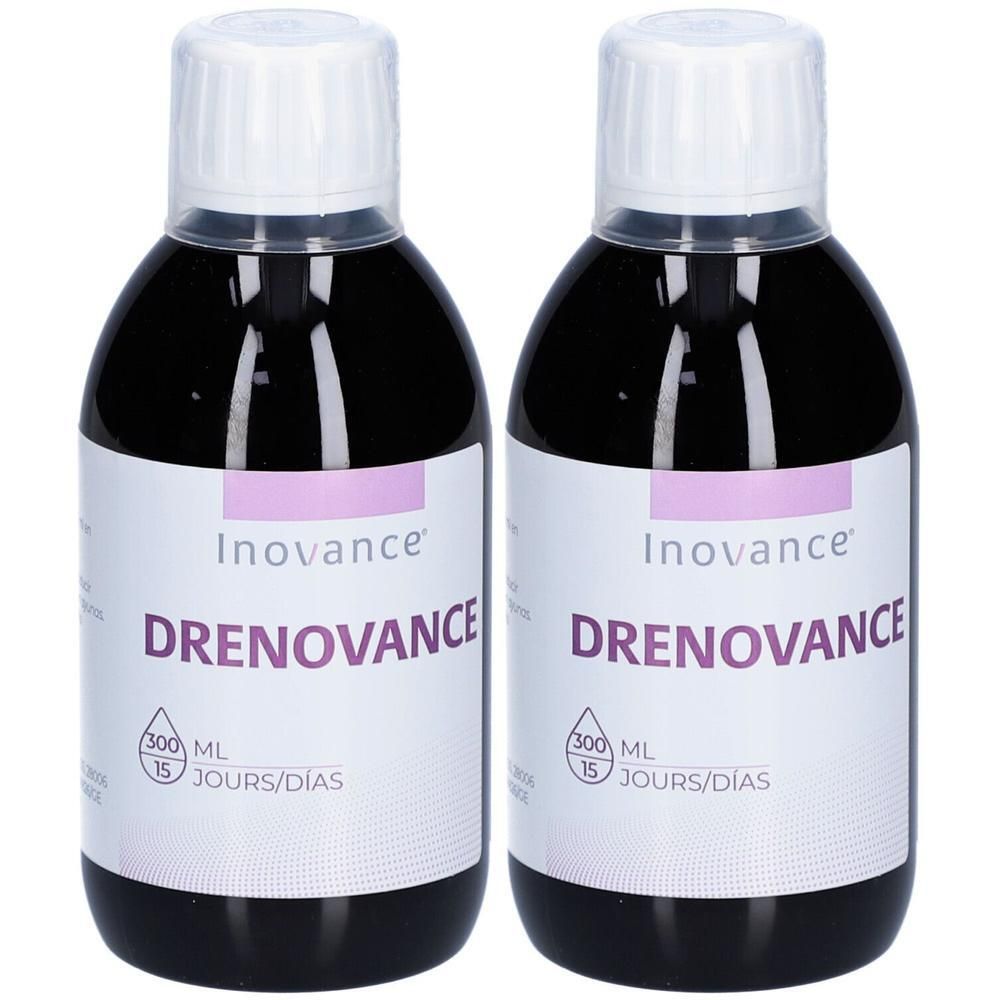 Twee flessen Inovance Drenovance met donkere vloeistof en witte doppen. Etiketten tonen productnaam en 300 ml.