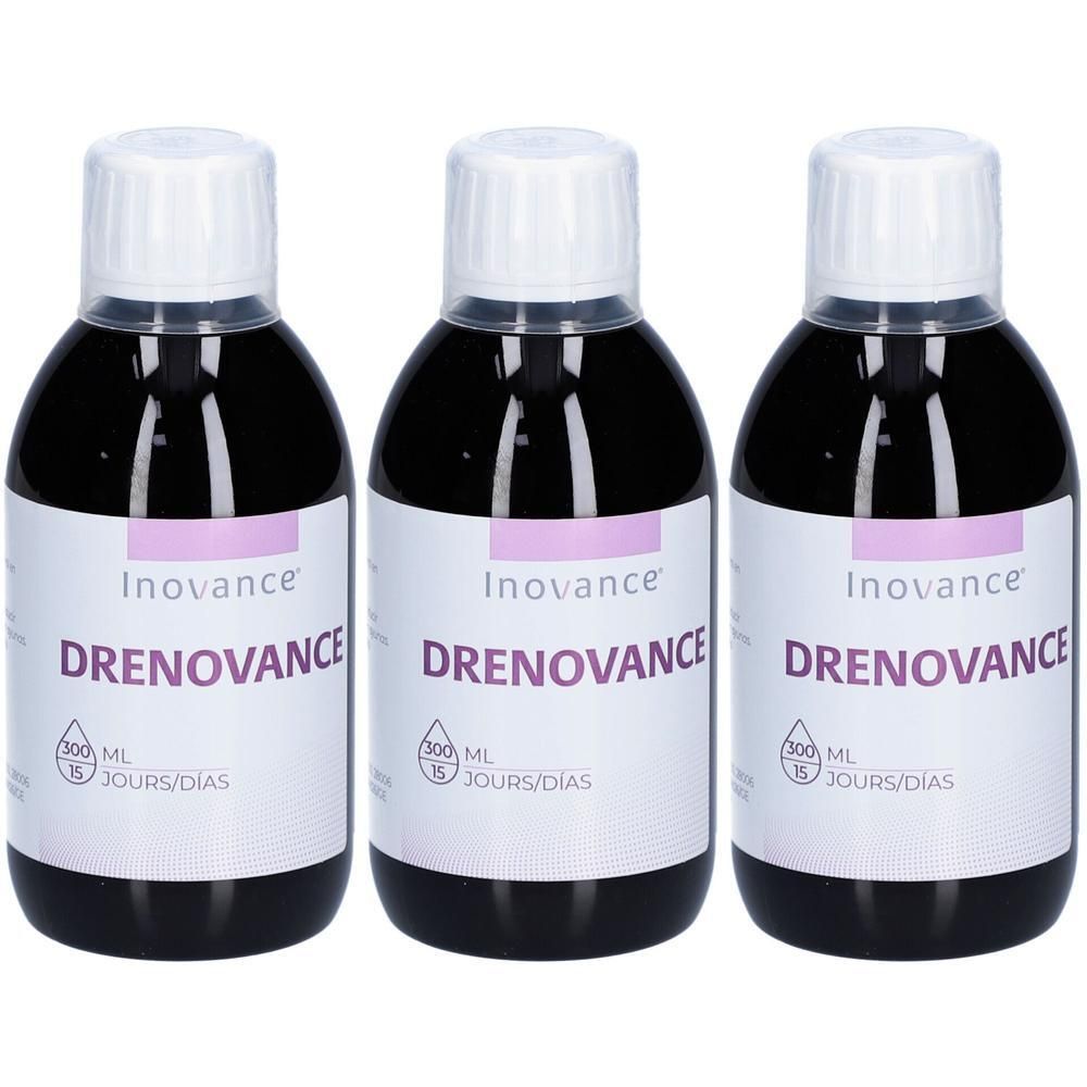 Trois flacons d'Inovance Drenovance avec bouchon blanc et étiquette.