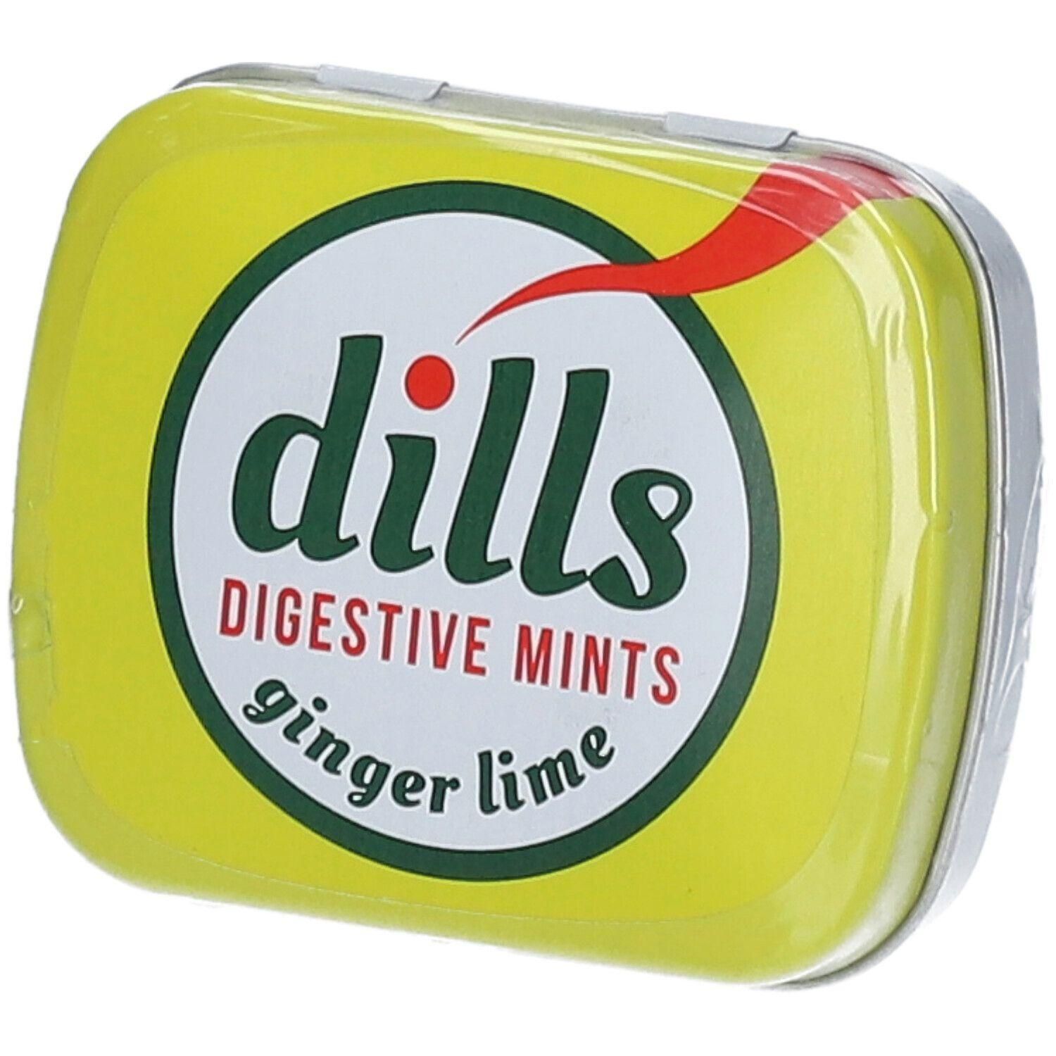 Dills Digestive Mints Gember & Limoen in gele metalen doos.