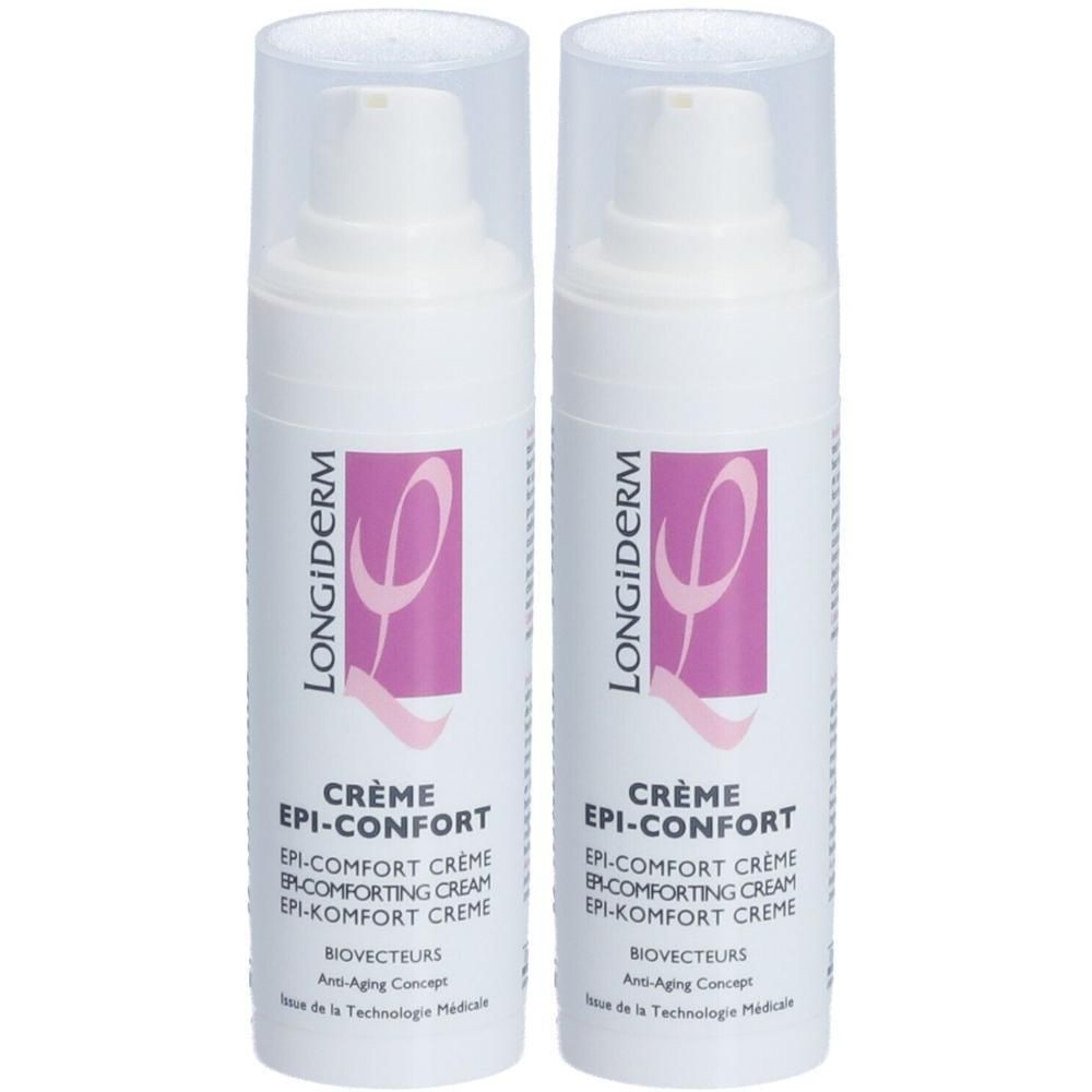 Deux flacons de crème Longiderm Epi-Comfort avec pompe et capuchon transparent.