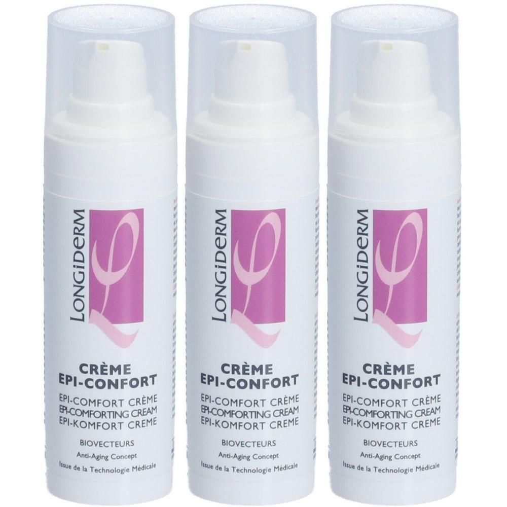 Drie flacons Langzeit-Anti-Aging-Epi-Komfort-Creme met pompdos en doorzichtige dopjes.