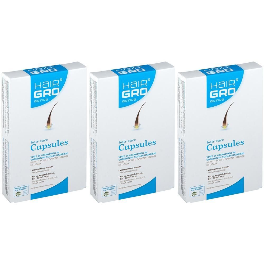 Trois boîtes de capsules HairGro Active Hair Care avec illustration d'une racine de cheveu.