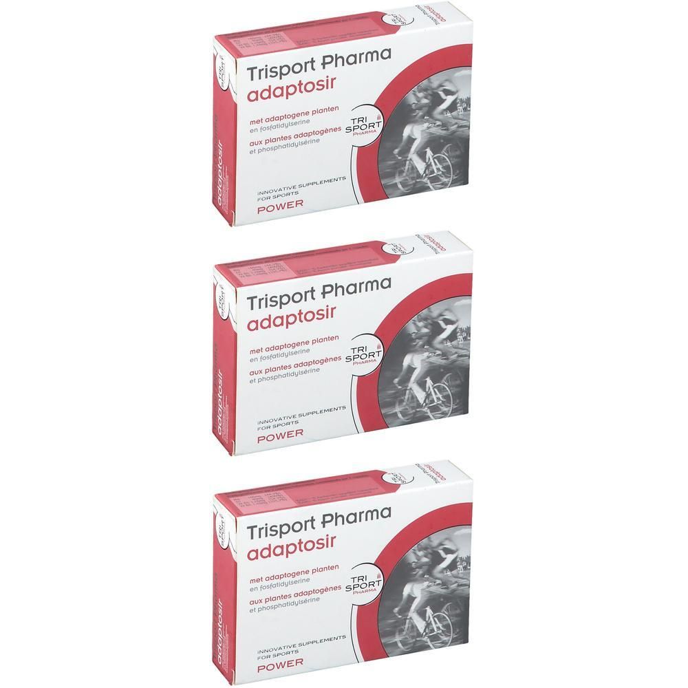 Drie dozen Trisport Pharma Adaptosir, voedingssupplement voor sport.
