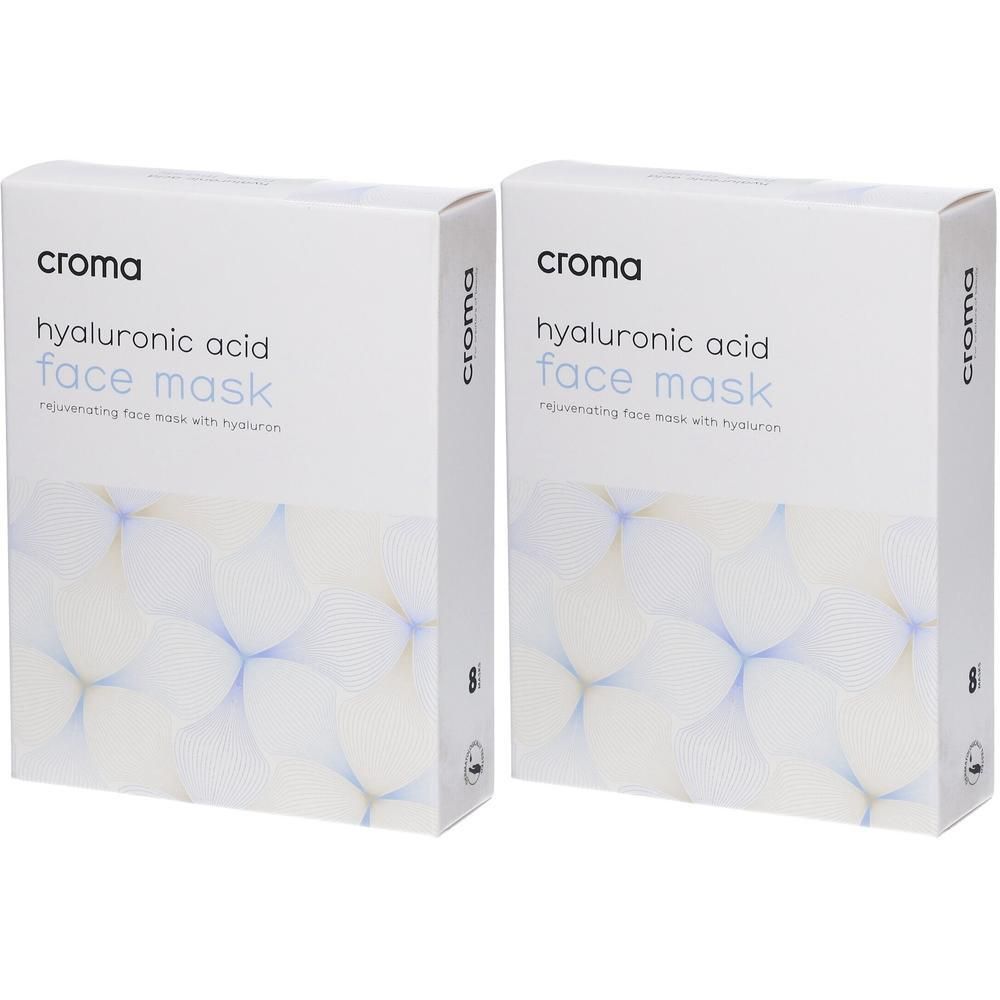 Deux boîtes de masque facial à l'acide hyaluronique Croma, blanc avec motif bleu.