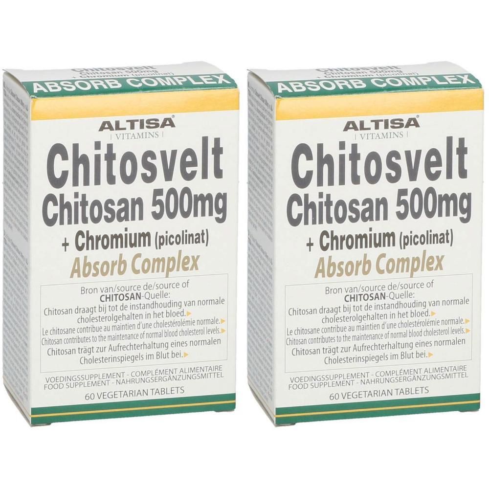 Twee verpakkingen Altisa Chitosvelt Chitosan 500mg + Chroom, 60 vegetarische tabletten per verpakking.