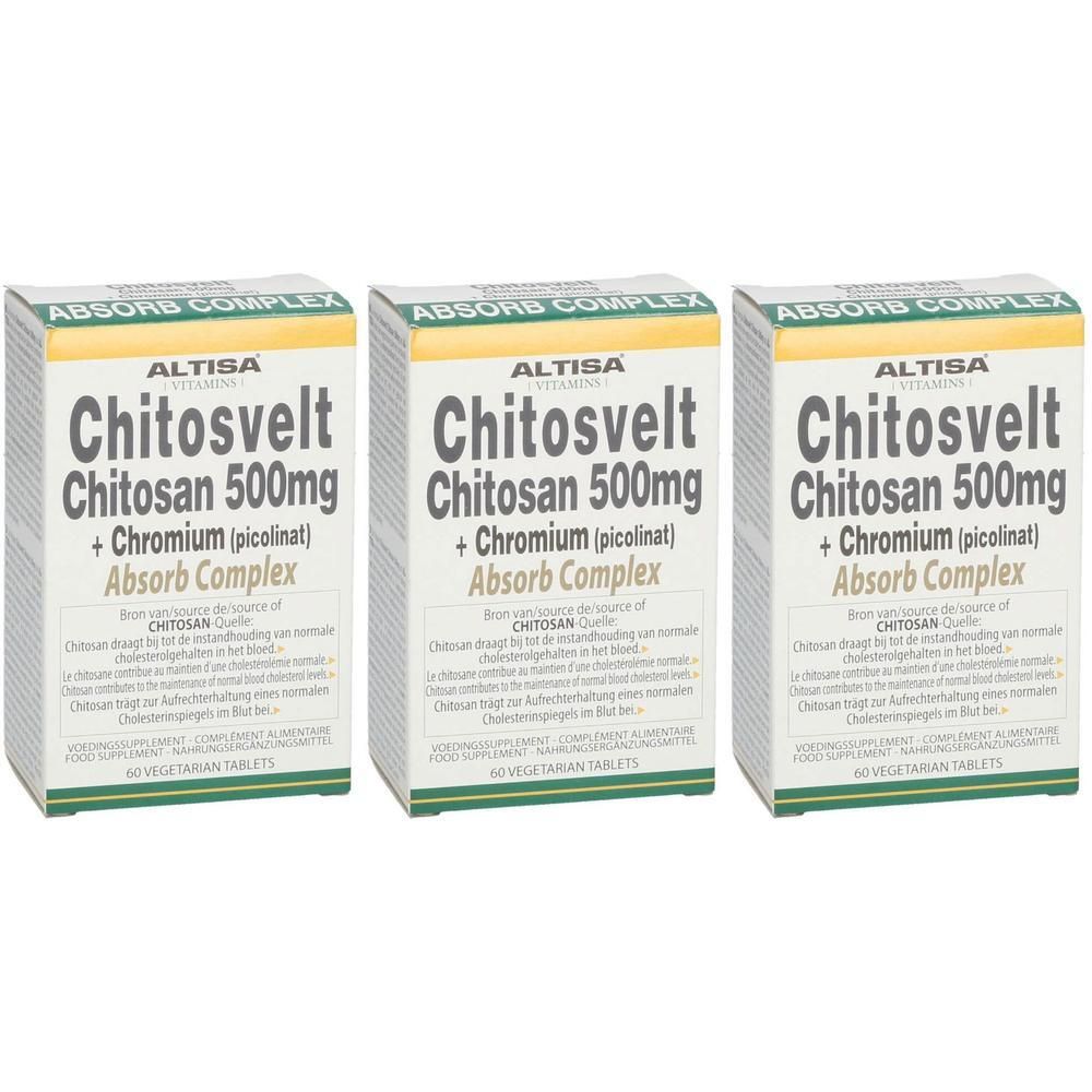 Drie verpakkingen Altisa Chitosvelt Chitosan 500mg met Chroom. 60 vegetarische tabletten per verpakking.