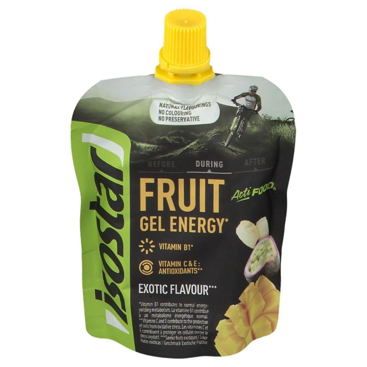 Isostar Fruit Gel Energy Exotic: Zakje met fruitgel, vitamine B1, C & E, antioxidanten. Met mango en passievrucht.