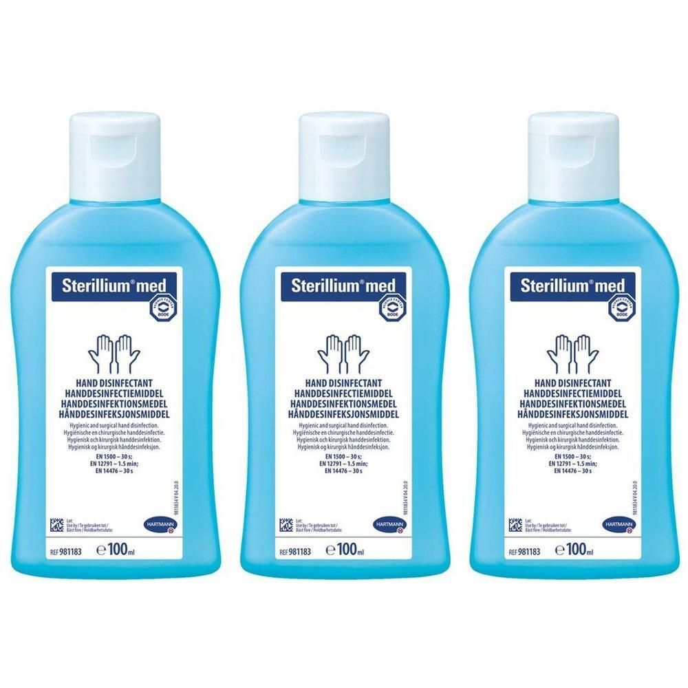 Trois flacons de désinfectant pour les mains Sterillium® med, 100ml chacun.