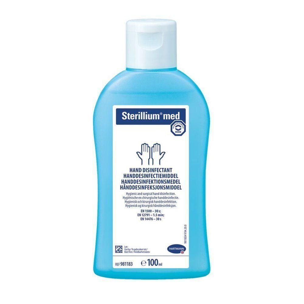 Désinfectant pour les mains Sterillium® med dans une bouteille bleue avec un bouchon blanc.